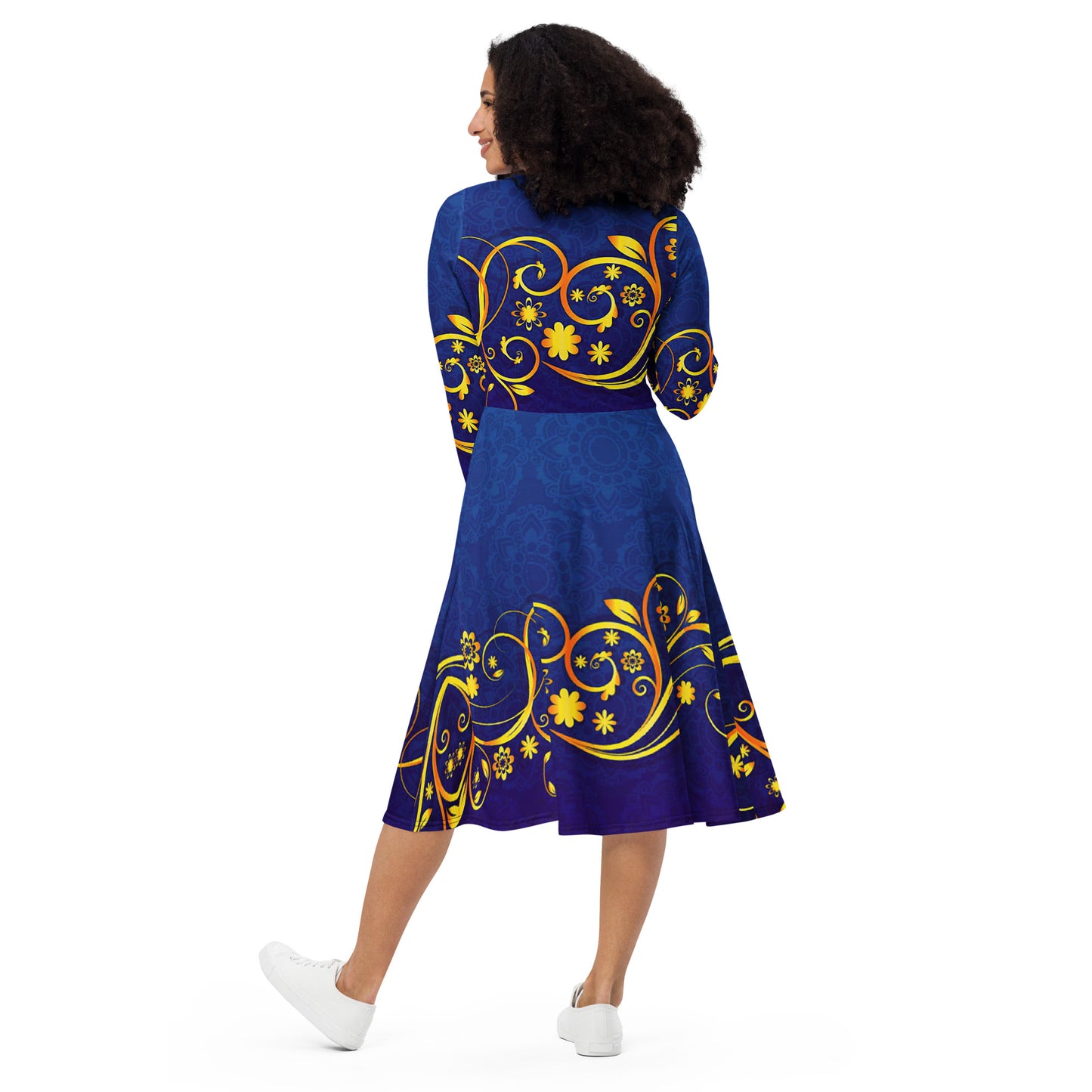 Sleeve midi dress blue gold