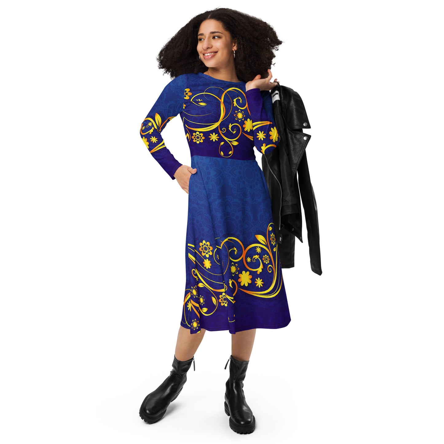 Sleeve midi dress blue gold