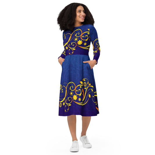 Sleeve midi dress blue gold