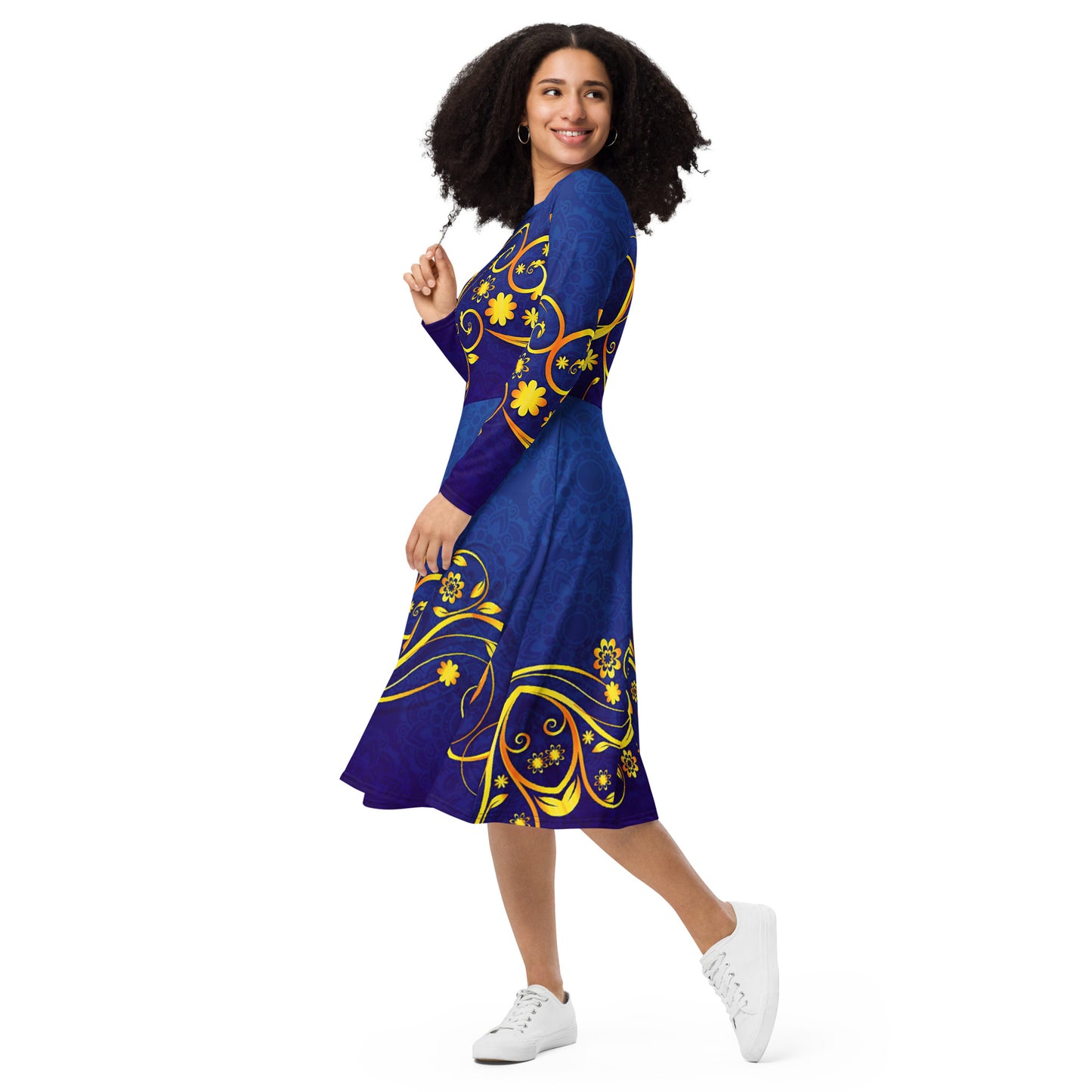Sleeve midi dress blue gold