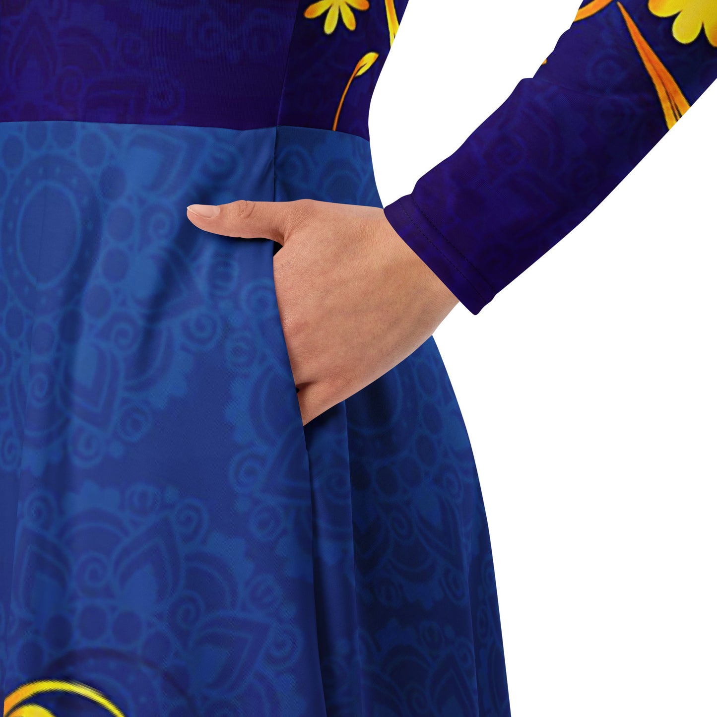 Sleeve midi dress blue gold