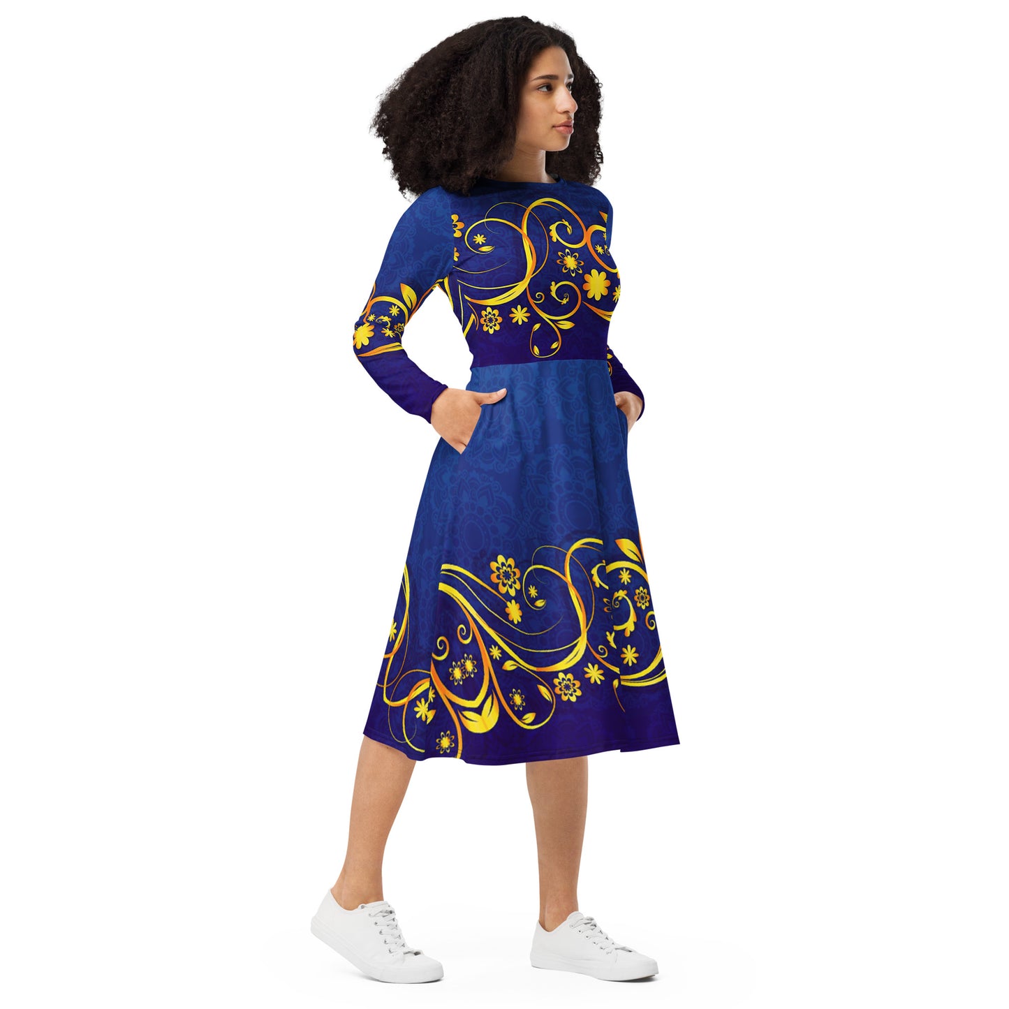 Sleeve midi dress blue gold